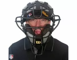 Wilson Umpire Gear Wilson MLB Black Dyna-Lite Aluminum Umpire Mask With Black And Grey Wrap Around -Bats Shop A3009 AL BK GY Worn Front with Black Shirt