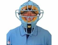 Wilson Umpire Gear Wilson MLB Sky Blue Dyna-Lite Steel Umpire Mask With Sky Blue And Tan 8 Wilson Umpire Gear Wilson MLB Sky Blue Dyna-Lite Steel Umpire Mask With Sky Blue And Tan -Bats Shop A3009 BL TN Worn Front