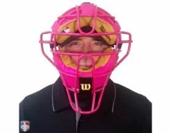 Wilson Umpire Gear Wilson MLB Pink Dyna-Lite Steel Umpire Mask With Pink And Tan 8 Wilson Umpire Gear Wilson MLB Pink Dyna-Lite Steel Umpire Mask With Pink And Tan -Bats Shop A3009 PK TN Worn Front 1