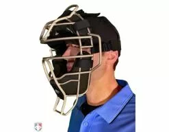 Diamond Umpire Gear Diamond Silver Big League Aluminum Umpire Mask With Leather -Bats Shop DFM BL SV Diamond Silver Big League Aluminum Umpire Mask with Leather Worn Front Angled View