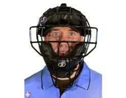 Force3 Umpire Gear Force3 Defender Umpire Mask -Bats Shop F3 DEF BK BK Force3 Defender Umpire Mask with Black Worn Front View