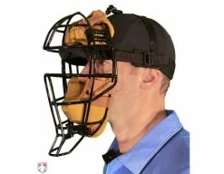 Force3 Umpire Gear Force3 Defender Umpire Mask With Tan -Bats Shop F3 DEF BK TN Force3 Defender Umpire Mask with Tan Worn Front Angled View 1