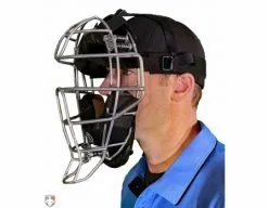 Force3 Umpire Gear Force3 Silver Defender Umpire Mask With Black -Bats Shop F3 DEF SV BK Force3 Silver Defender Umpire Mask with Black Worn Front Angled View