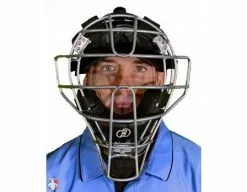 Force3 Umpire Gear Force3 Silver Defender Umpire Mask With Black -Bats Shop F3 DEF SV BK Force3 Silver Defender Umpire Mask with Black Worn Front View