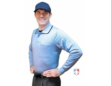 Smitty Umpire Smitty Long Sleeve Body Flex Umpire Shirt - Powder Blue -Bats Shop S308 PB Smitty Long Sleeve Body Flex Umpire Shirt Powder Blue Worn 1