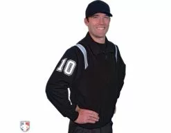 Smitty Umpire Smitty Traditional Half-Zip Umpire Jacket - Black And Powder Blue 7 Smitty Umpire Smitty Traditional Half-Zip Umpire Jacket - Black And Powder Blue -Bats Shop S320 BK PB Smitty Traiditonal Half Zip Umpire Jacket Black with Polo Blue Front Angled View with White on Black on White Precision Cut Number