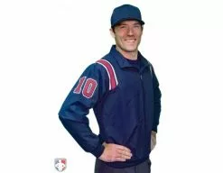 Smitty Umpire Smitty Traditional Half-Zip Umpire Jacket - Navy And Red 6 Smitty Umpire Smitty Traditional Half-Zip Umpire Jacket - Navy And Red -Bats Shop S320 N R Smitty Traditional Half Zip Umpire Jacket Navy with Red and White Worn Front Angled View with Numbers