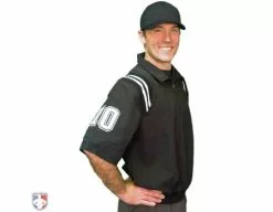 Smitty Umpire Smitty Traditional Half-Zip Short Sleeve Umpire Jacket - Black And White -Bats Shop S324 BK WH Smitty Traditional Half Zip Short Sleeve Umpire Jacket Black and White Worn Front Angled with N4 SUB WBW