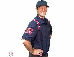 Smitty Umpire Smitty Traditional Half-Zip Short Sleeve Umpire Jacket - Navy And Red 6 Smitty Umpire Smitty Traditional Half-Zip Short Sleeve Umpire Jacket - Navy And Red -Bats Shop S324 N R W Smitty Traditonal Half Zip Short Sleeve Umpire Jacket Navy and Red Worn Front Angled View with N4 SUB RNW