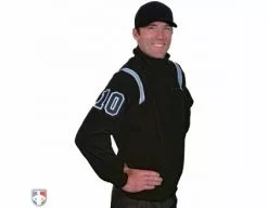 Smitty Umpire Smitty Major League Style Fleece Lined Umpire Jacket - Black And Polo Blue -Bats Shop S330 BK PB Smitty Major League Style Fleece Lined Umpire Jacket Black with Powder Blue Front Angled View with N4 SUB BPBW