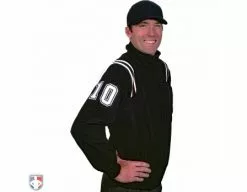 Smitty Umpire Smitty Major League Style Fleece Lined Umpire Jacket - Black And White -Bats Shop S330 BK WH Smitty Major League Style Fleece Lined Umpire Jacket Black and White Front Angled View with White on Black on White Precision Cut Number