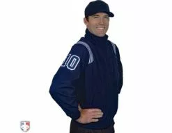 Smitty Umpire Smitty Major League Style Fleece Lined Umpire Jacket - Navy And Polo Blue -Bats Shop S330 N PB Smitty Major League Style Fleece Lined Umpire Jacket Navy with Powder Blue Front Angled View with Navy on Powder Blue on White Precision Cut Numbers 1