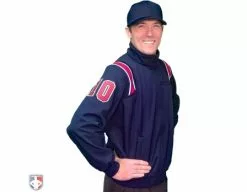 Smitty Umpire Smitty Major League Style Fleece Lined Umpire Jacket - Navy And Red -Bats Shop S330 N R Smitty Major League Style Fleece Lined Umpire Jacket Navy and Red Front Angled View with Red on Navy on White Precision Cut Numbers 1